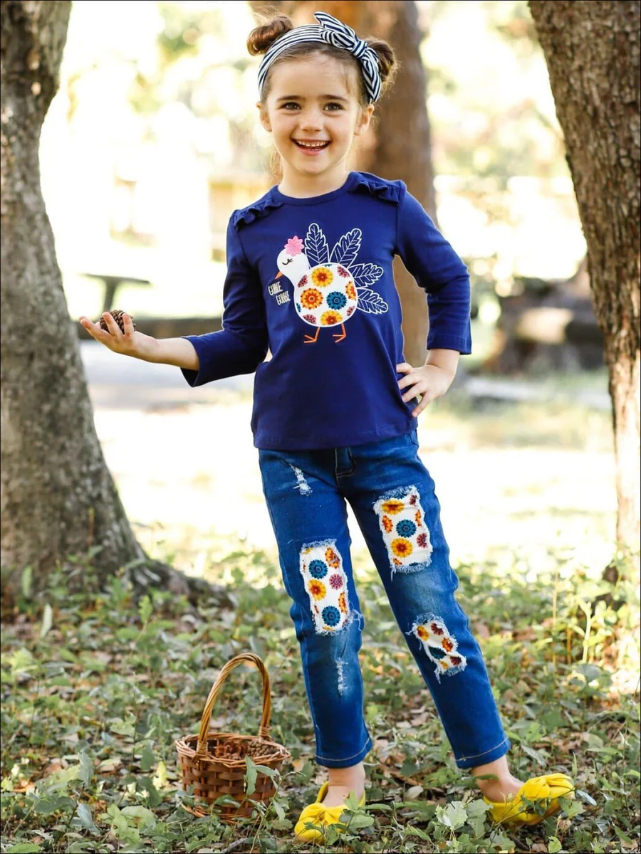 Gobble Floral Turkey Top & Patched Jeans