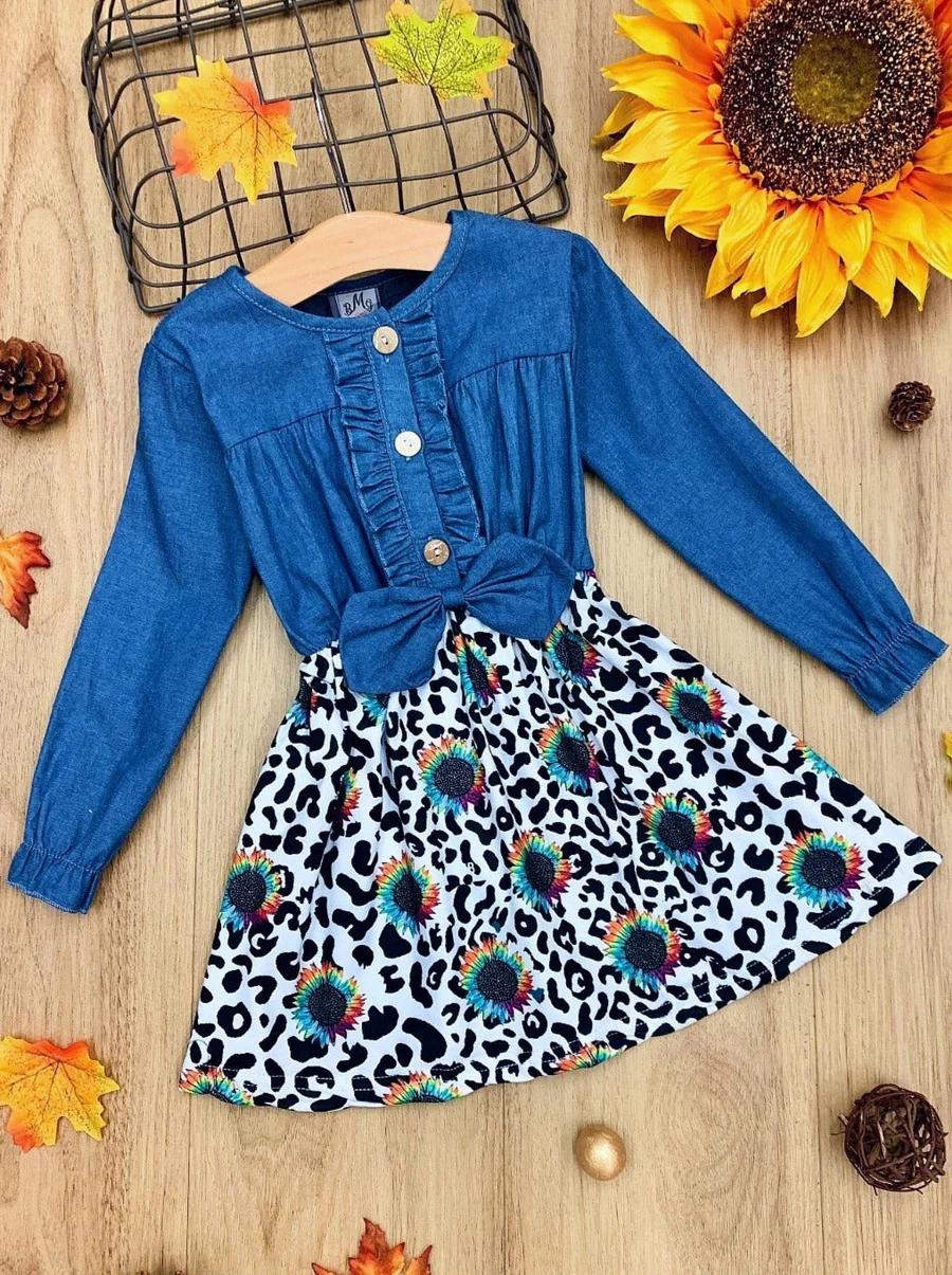 Leopard Sunflower Chambray Bodice Dress